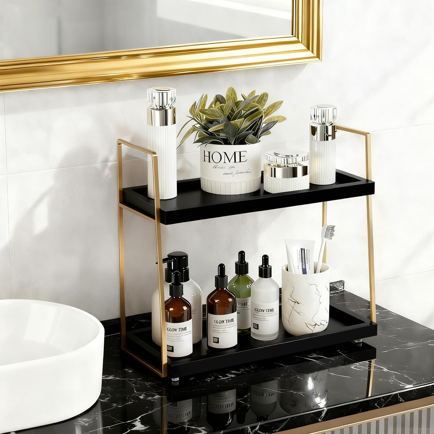 Coffee Bar Accessories, Black Gold Coffee Station Organizer for Countertop Decor, 2 Tier Large Wooden CoffeeBar Shelf for Office, Breakroom, Bathroom