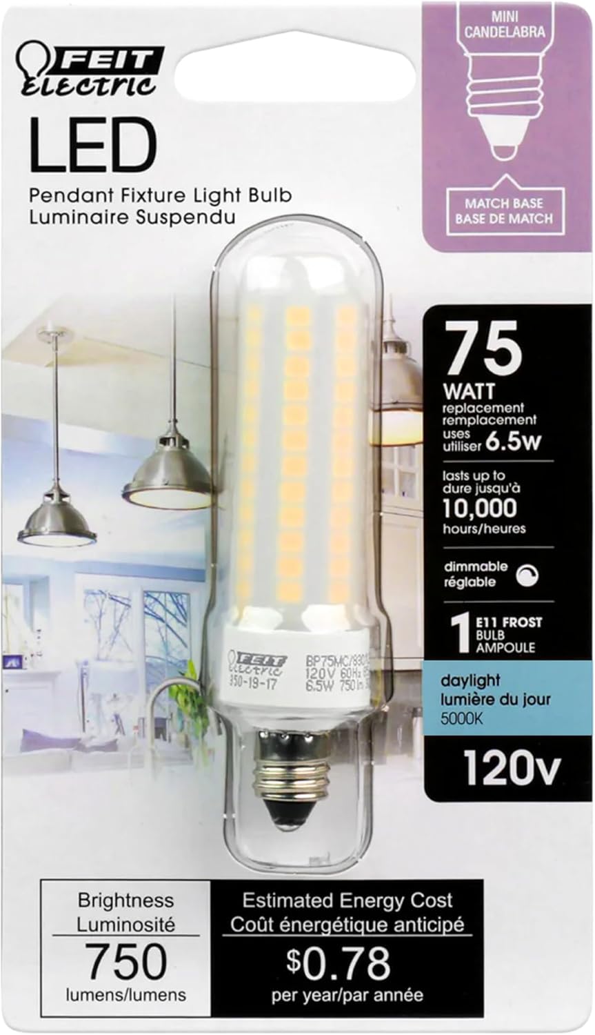 Feit Electric Specialty 6.5 Watts LED Light Bulb with 75-Watt Equivalent, Dimmable T4 Bulb, 750 Lumens, 9 Yrs. Leftime, 5000K Daylight, Pack of 1 - BP75MC/850/LED