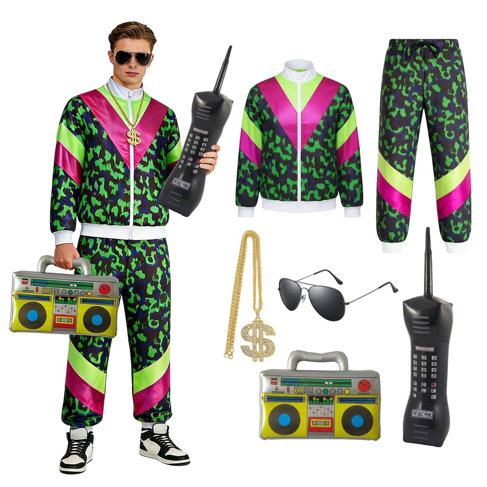 Xerteam 80s 90s Fancy Dress Men with Accessories, Retro 80s 90s Hip Hop Outfit for Adults, 80s Fancy Dress Set with 1 Sportswear Shirt Pant Necklace Glasses Inflatable (Green 2, M)