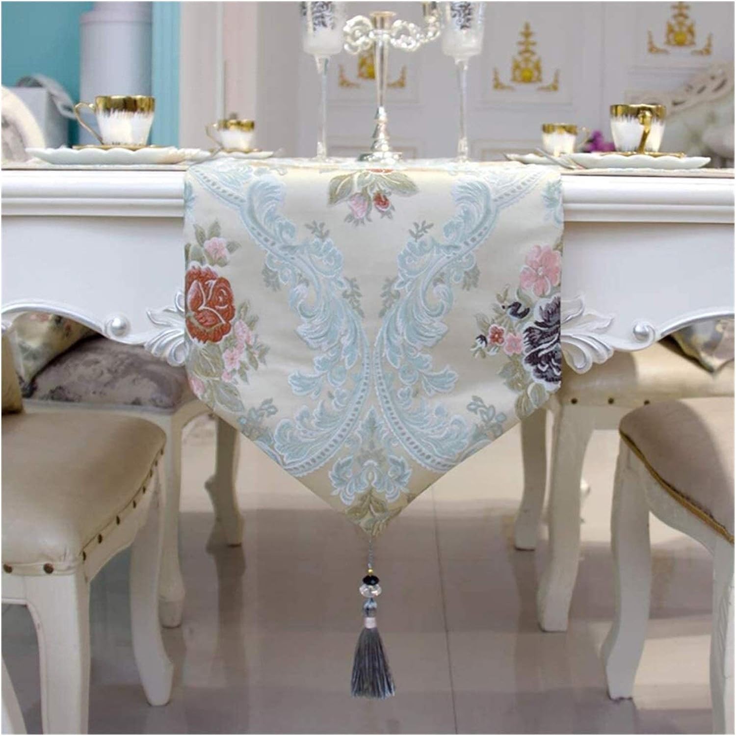 Home Kitchen Table Runners Embroidered Flowers Table Runner Satin Table Runners with Tassels Chair Wedding Party Table Decoration Braided Gourmet Dressing (Green 33*250cm)