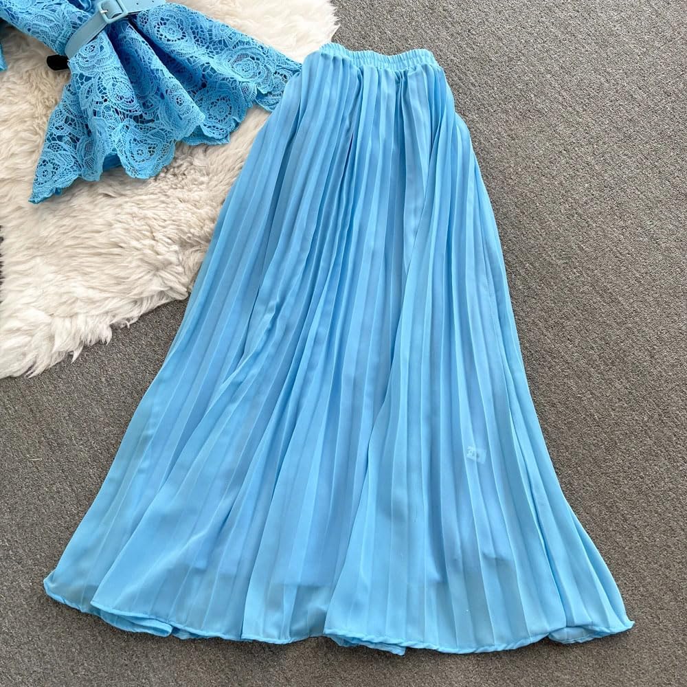 Women Vintage Skirt Suit 2 Piece Sets Womens Slim Waist Lace Blouse High Waist Pleated Skirts Suit