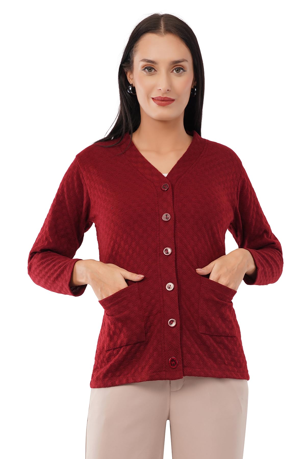 le arc Women Woolen Full Sleeve self Knit v-Neck Sweater Cardigan for Winter wear with Front Pockets Plus-picture-50