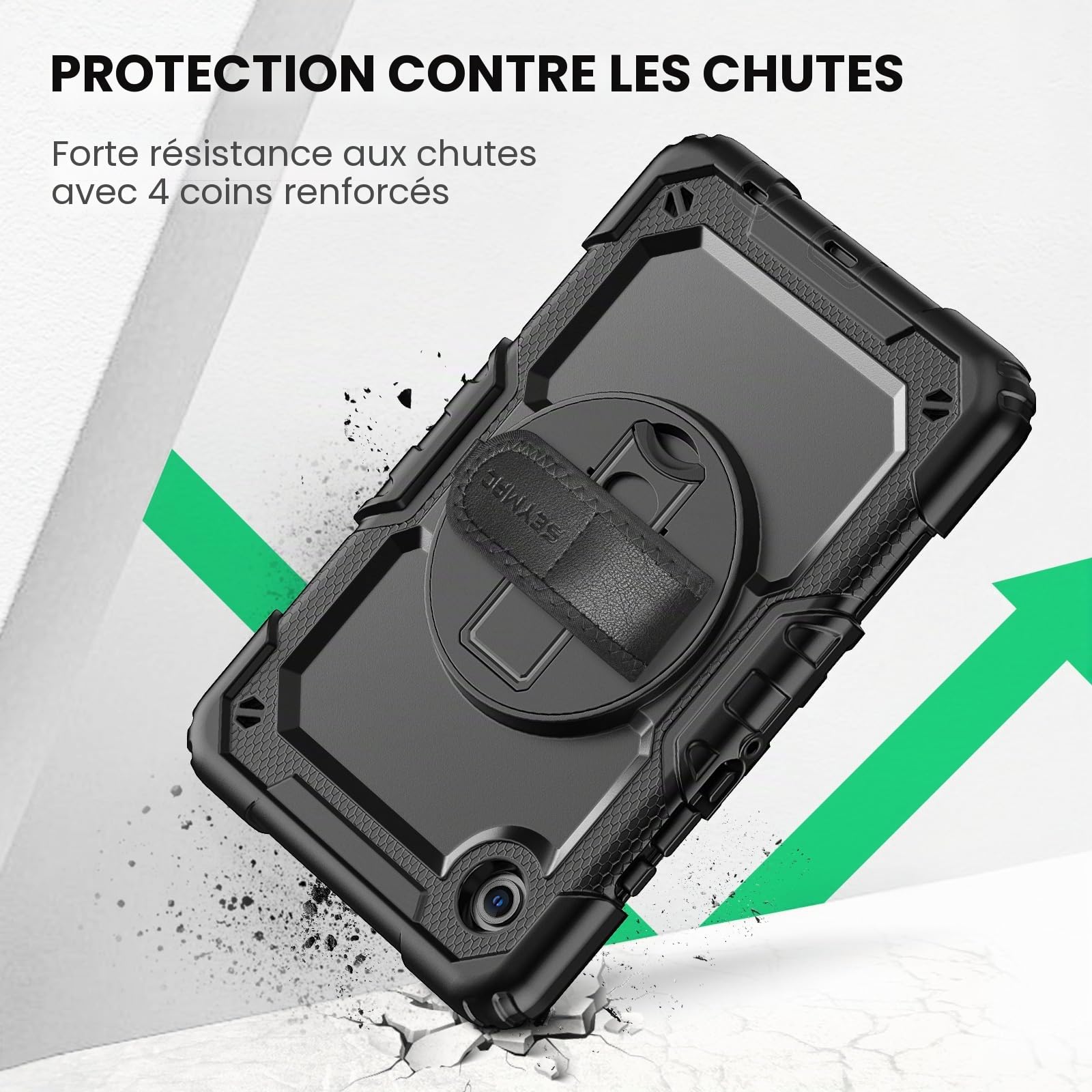 SEYMAC Coque pour Samsung Galaxy Tab A11/A9 8.7 Pouces 2025/2023,Coque Antichoc pour Galaxy A11 avec Protecteur D'écran,Support Rotatif à 360°/Dragonne,Bandoulière,avec Porte-Stylo,Noir