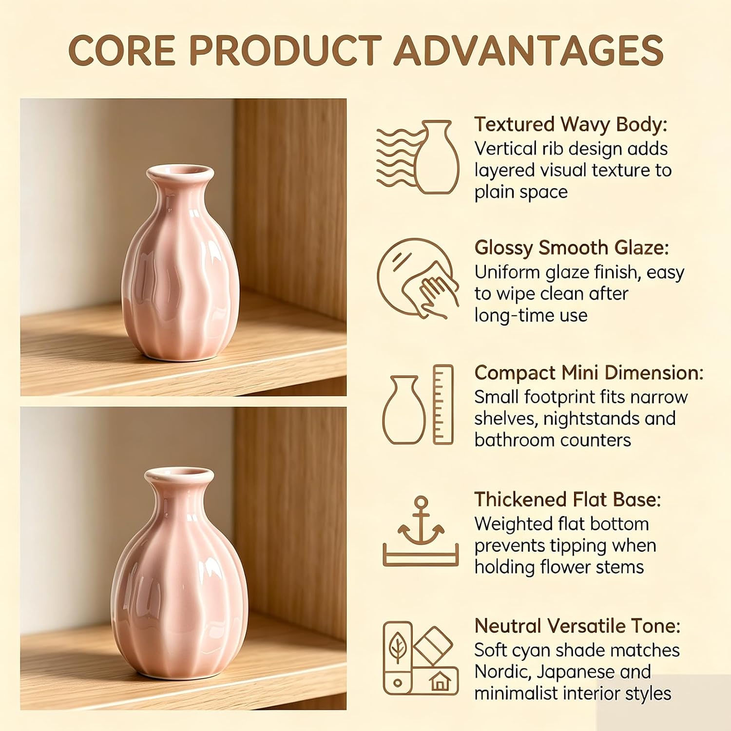 Mini Pink Ceramic Bud Vase with Wavy Ribbed Texture image 3