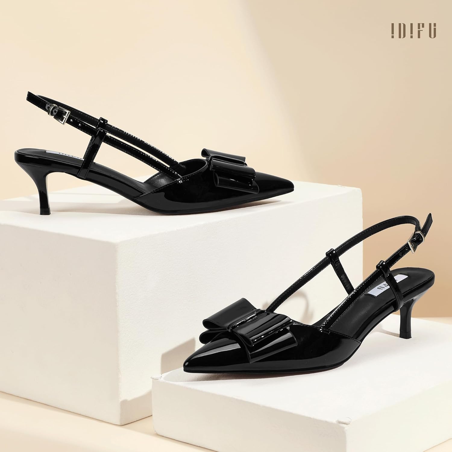 IDIFU IN2 Bow Slingback Heels Low Kitten Heels Closed Pointed Toe Pumps Low Heel Dress Pumps Shoes Buckle Strap Comfort Bridal Wedding Cute Party Prom Pumps - Image 5