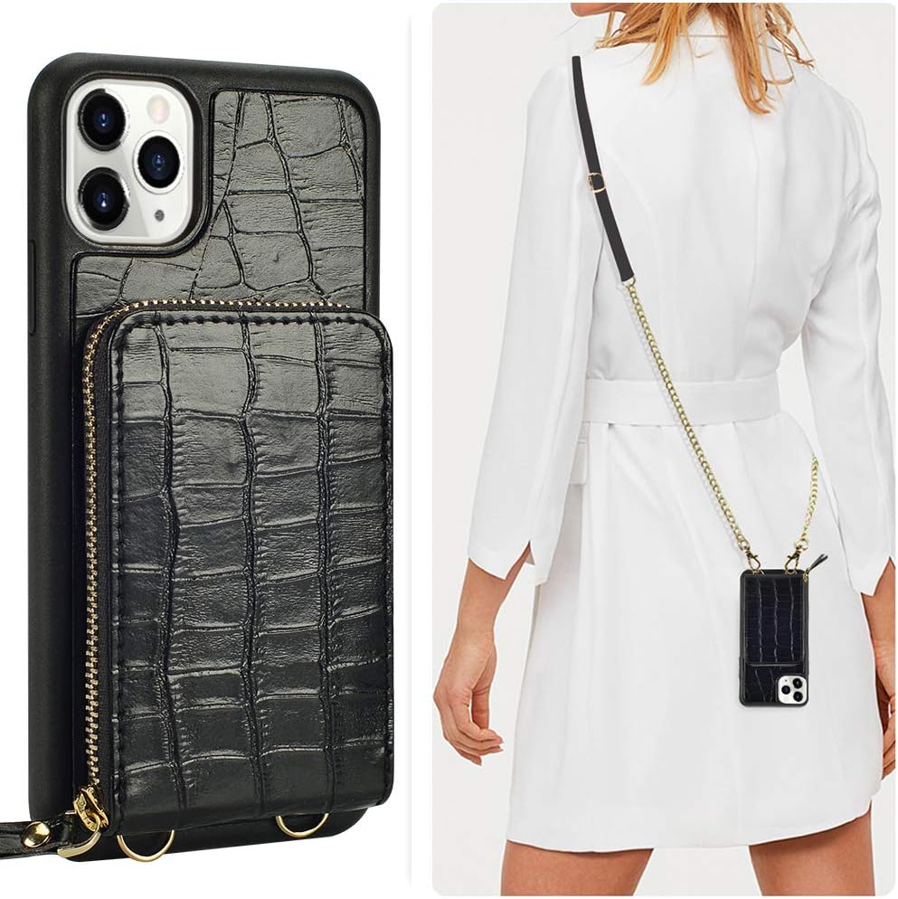 JLFCH iPhone 11 Pro Wallet Case, iPhone 11 Pro Crossbody Case with Zipper Credit Card Slot Holder Wrist Strap Lanyard Women Girl Crocodile Grain Protective for iPhone 11 Pro 5.8 inc - Black