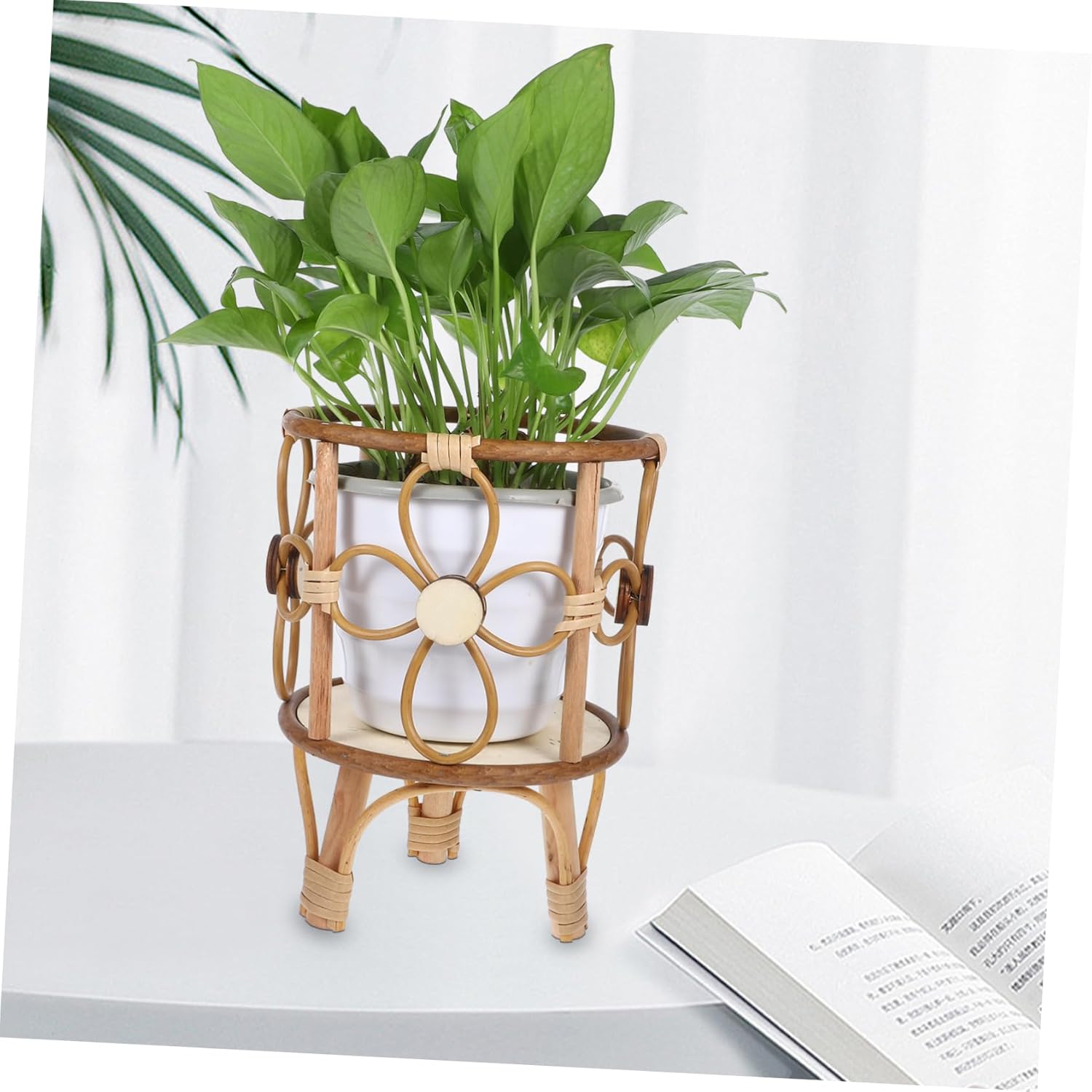 PRETYZOOM Handwoven Wood Plant Stand with Legs Elegant Hollow Design Heavy Duty Flower Pot Holder for Indoor Outdoor Use Space Saving Rattan Flower Stand for Succulents Chic Display Base