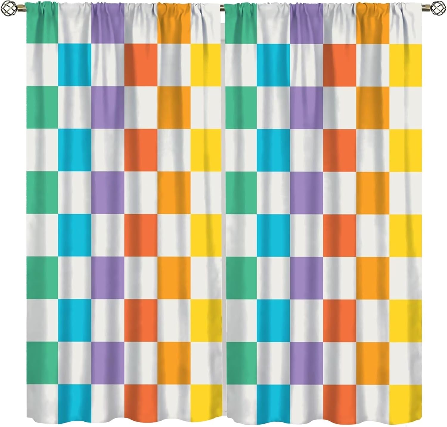 70s Retro Window Curtains,Cute Green Pink Yellow Checkered Hippie Window Treatments for Kids Girl Bedroom Living Room Kitchen Set 2 Panels,84x84 Inches