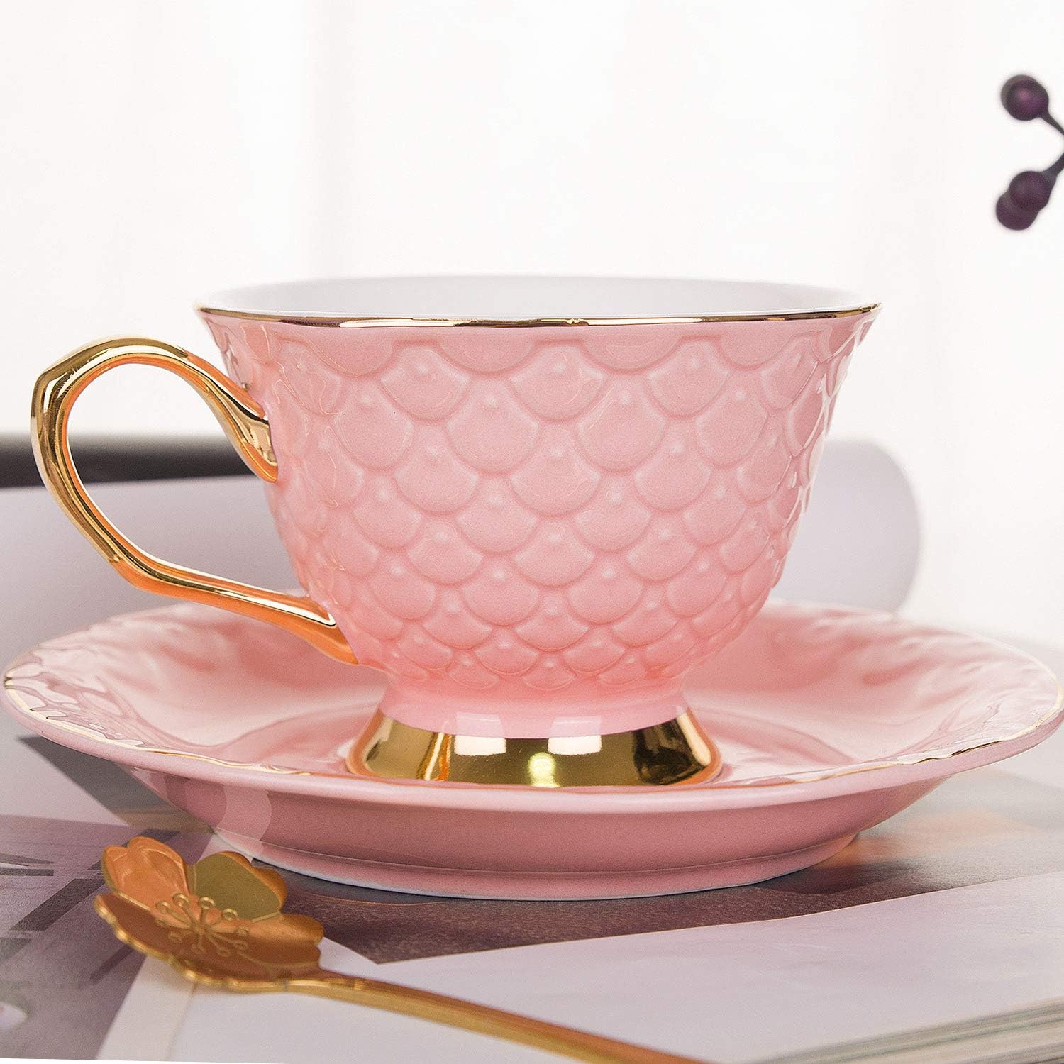 VanEnjoy Pink Vintage 8 Ounces Porcelain Coffee Cup,Tea Cup and Saucer Set and Saucer with Decorative Scale Pattern, Vintage - Image 3