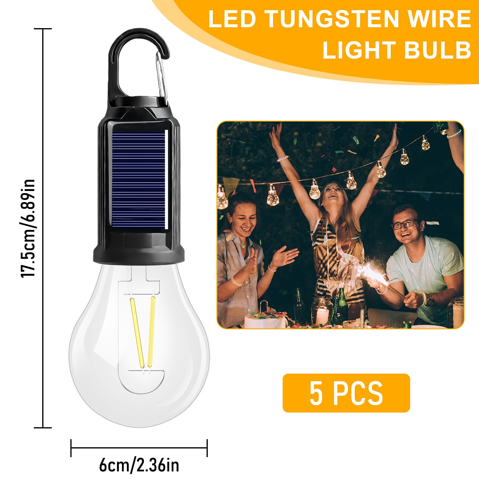 Lampada da campeggio ricaricabile, 5 pezzi LED da campeggio a energia solare, luci da campeggio ricaricabile, lampada da campeggio con moschettone, set di lampadine da campeggio, luminosità regolabile