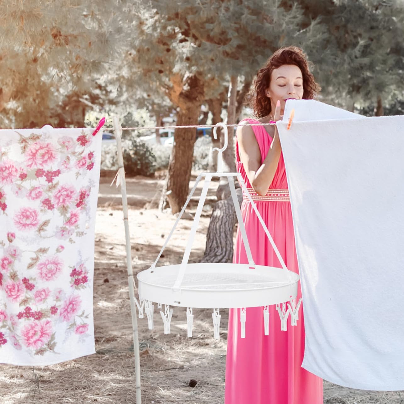 Windproof Foldable Clothes Drying Hanger Rack Single Layer White for Bras Towels Socks Underwear Indoor Balcony Laundry Organization