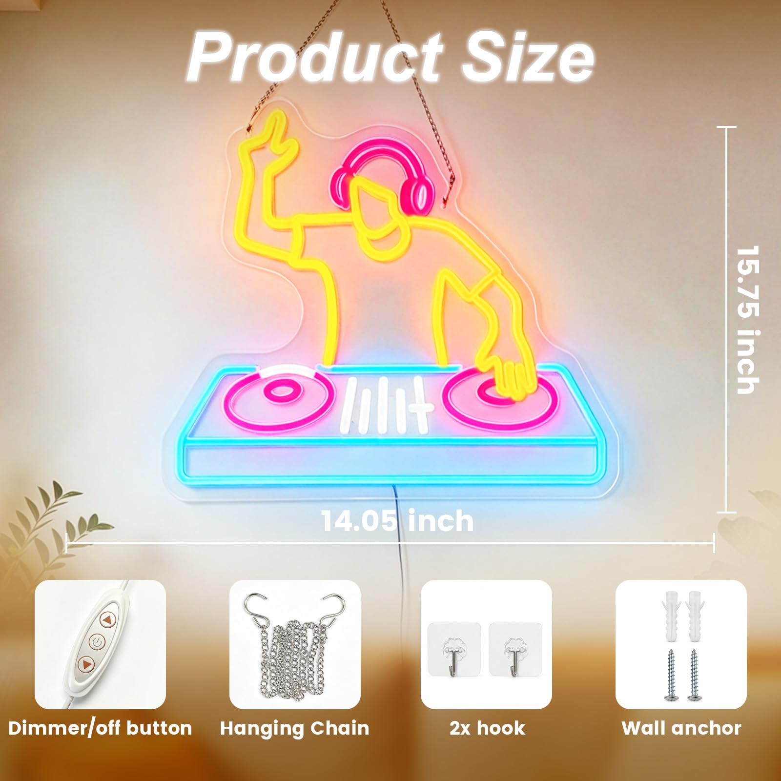 Insegna al neon per lettore DJ, decorazione da parete, dimmerabile, luce LED per cabina DJ, alimentata tramite USB, per studio, bar, club, regalo per gli amanti della musica DJ