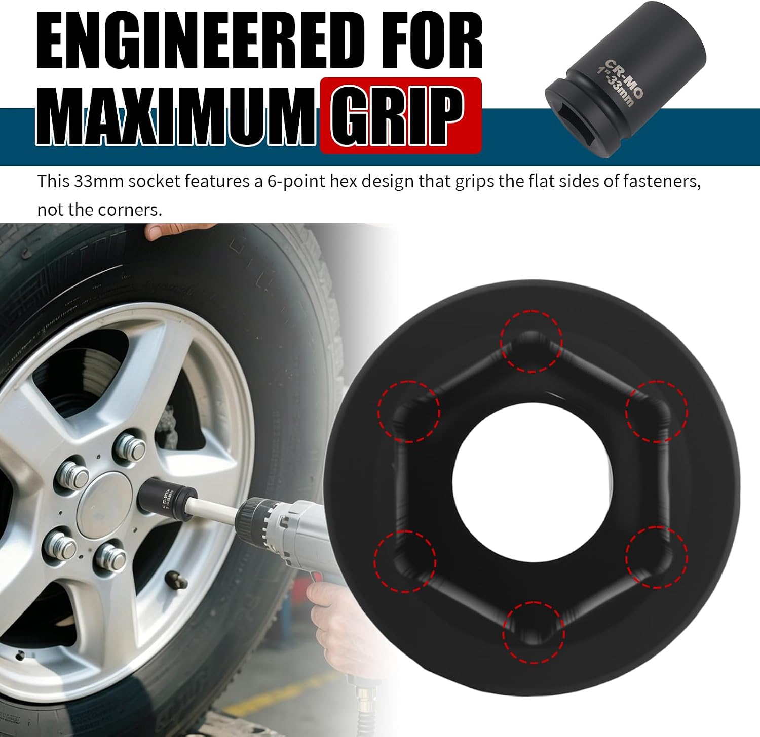 6-Point Professional 33mm Socket 1 Inch Drive,High Torque Steel Deep Impact Socket for Easy Removal,Heavy Duty Axle Nut Sockets with Radius Corner Design for Most Vehicles