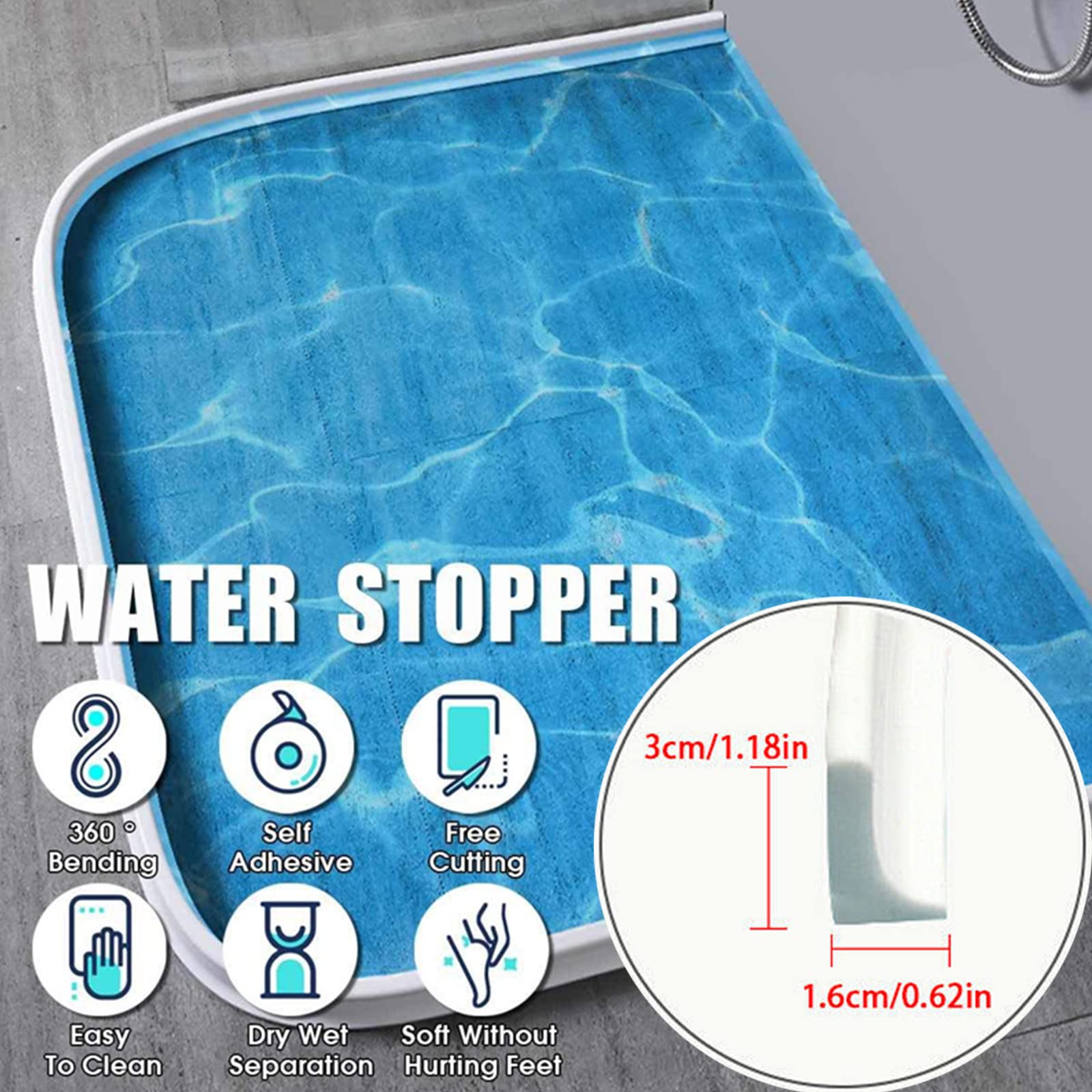 Barriera d'acqua per doccia,in silicone,soglia d'acqua,striscia di tenuta per pavimento bagnato,nastro impermeabile flessibile per separazione umida e asciutta (1 m x 1,6 cm x 3 cm),Bianco