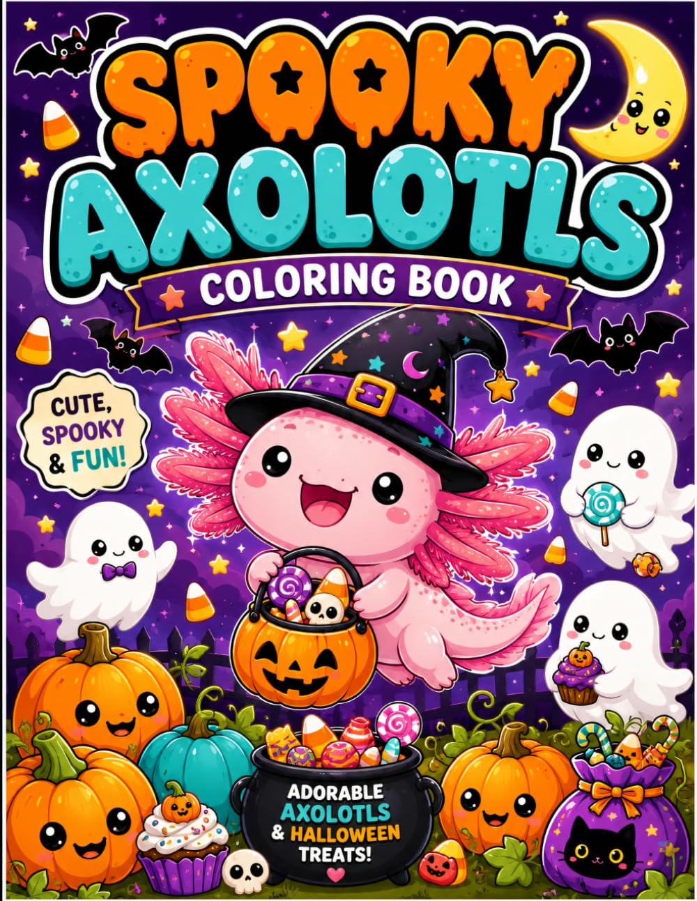 Spooky Axolotls Coloring Book: Cute and Adorable Halloween Axolotls to Color | Fun Spooky Creatures, Pumpkins, Ghosts, Bats and Cozy Autumn Scenes for Kids, Teens and Adults