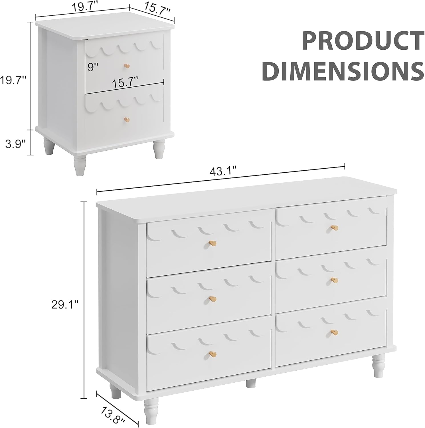 Anbuy 3 Pcs Bedroom Sets, Scalloped 6 Drawer Dresser and Night Stand Sets for Bedroom, Two Drawers Nightstand Set of 2 & 6 Drawer Dresser Combo 3 Pieces (White)