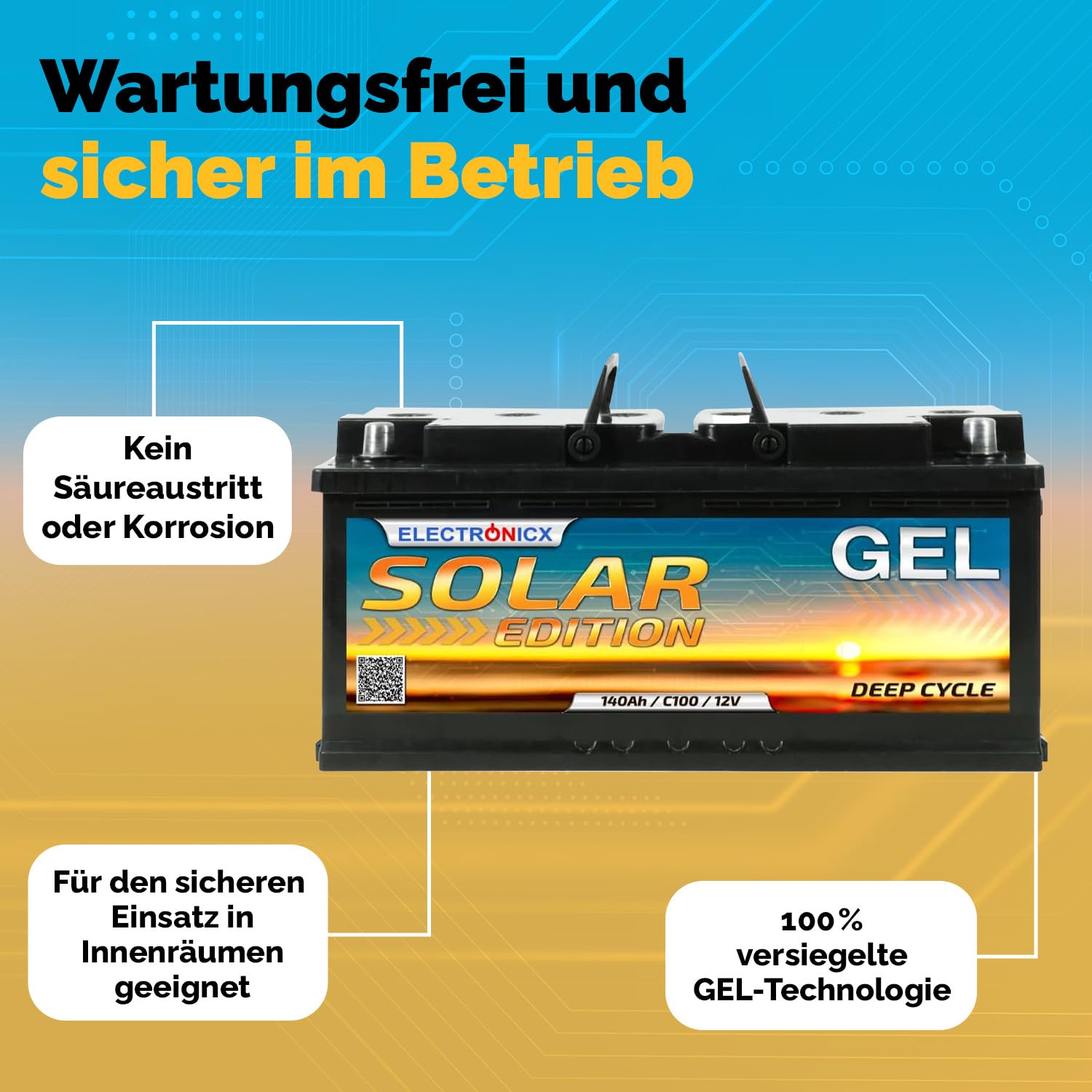Electronicx Gel Solar Edition 12V 140Ah Deep Cycle Batterie 140 Ah Versorgungsbatterie - wartungsfrei, auslaufsicher - für Wohnmobil, Photovoltaik, Inselanlage, Solar - Maße: 393×175×190 mm kompakt