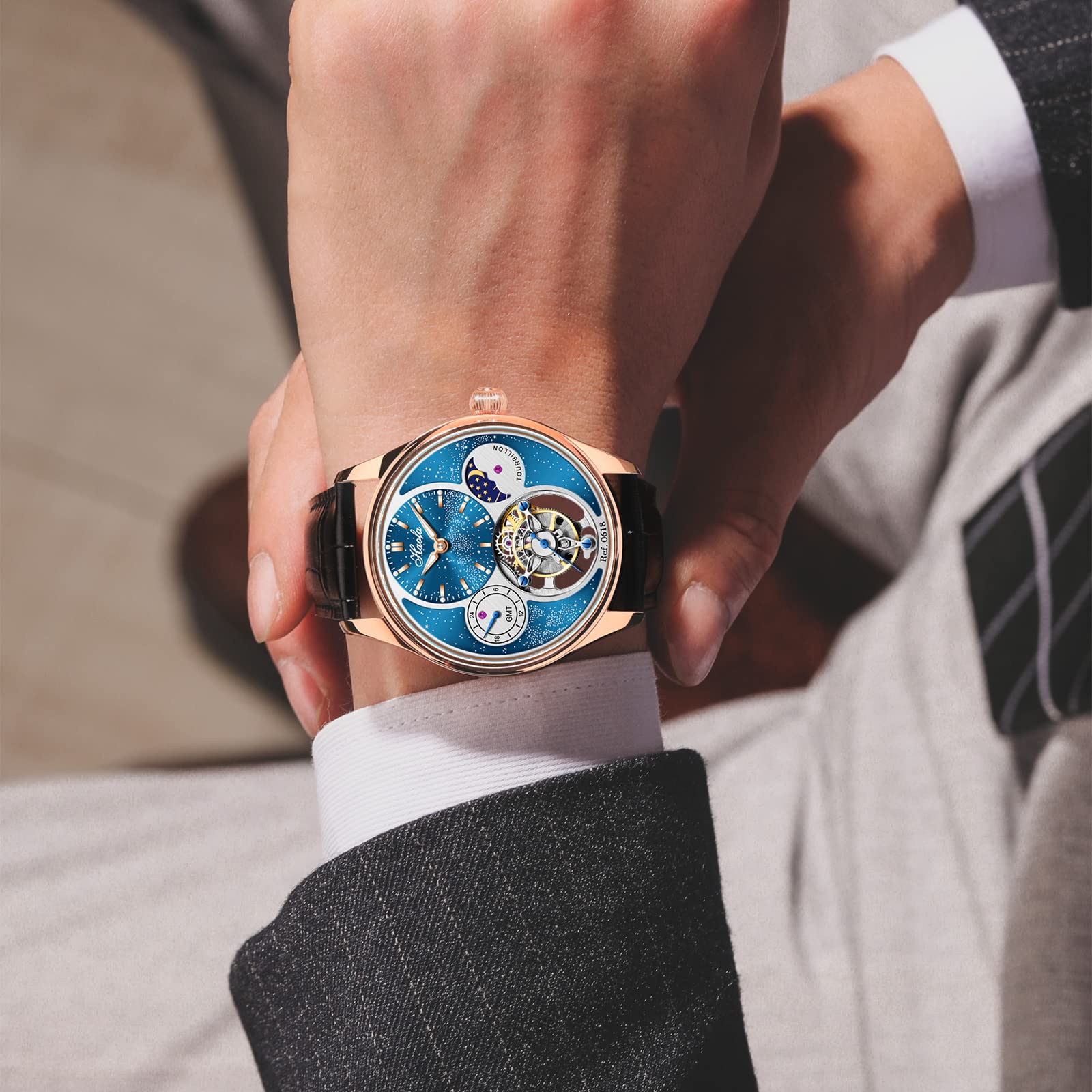 Haofa GMT Tourbillon-Uhr für Herren, Mondphase, Sternenhimmel, Zifferblatt, manuelle mechanische Uhr, Saphir, Leuchtend, wasserdicht, Luxus, Business, formelle Herrenuhr 0618
