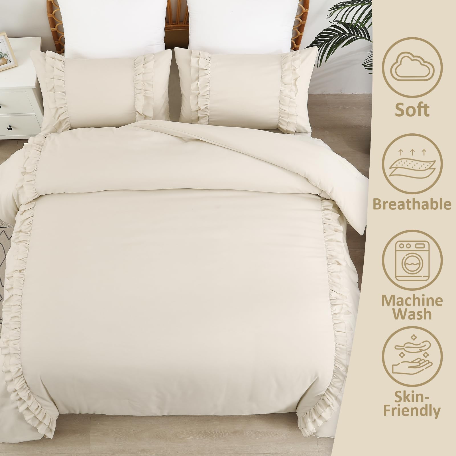 Fondream Ruffle Double Duvet Cover Beige Frills Bedding Set Farmhouse Ruffled Decor Soft Luxury Washed Microfiber with Zipper Closure for Teens and Adults (Beige - Image 3