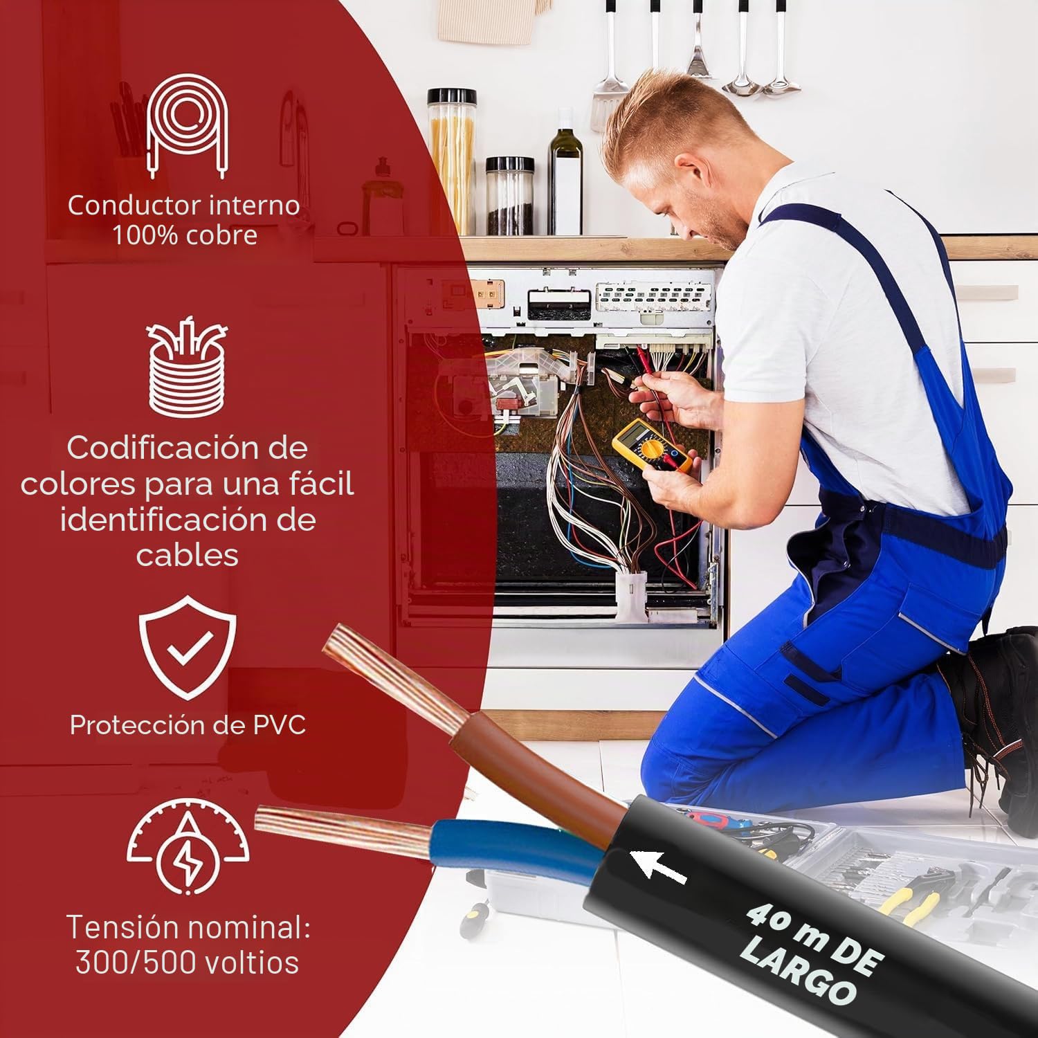 Cable de manguera de plástico H05VV-F de 5 a 100 m, 2 x 0,75; 2 x 1; 2 x 1,5 o 2 x 2,5 cm, color negro flexible (H05VV-F 2 x 1 SW, 40 m)