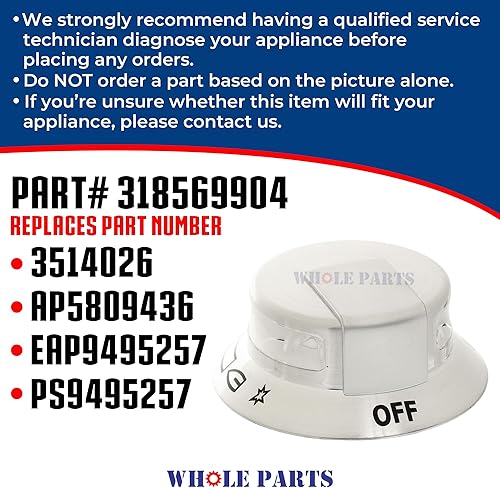 Miniatura 3 de Whole Parts Pomo de control de quemador de estufa # 318569904 - Reemplazo y compatible con algunas gamas Frigidaire y Electrolux