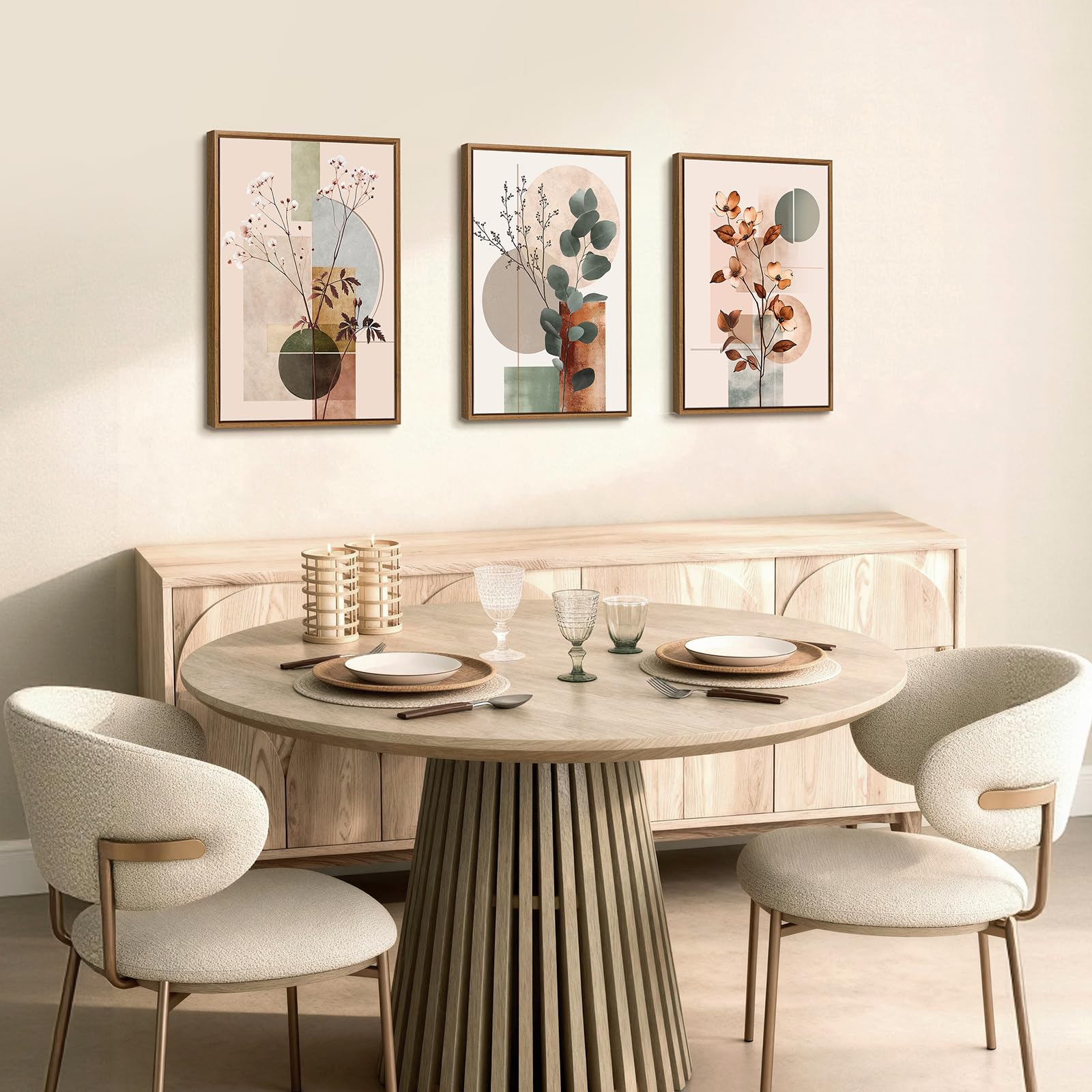 3 Pcs Beige Geométrico Plantas Floral Modernos Cuadros Decoracion Con Marcos, Botánico Algodón Eucalipto Hoja Cuadro y Láminas Lienzos Decorativos Hogar Para Comedor Salon Dormitorios 40X60cmx3Pcs