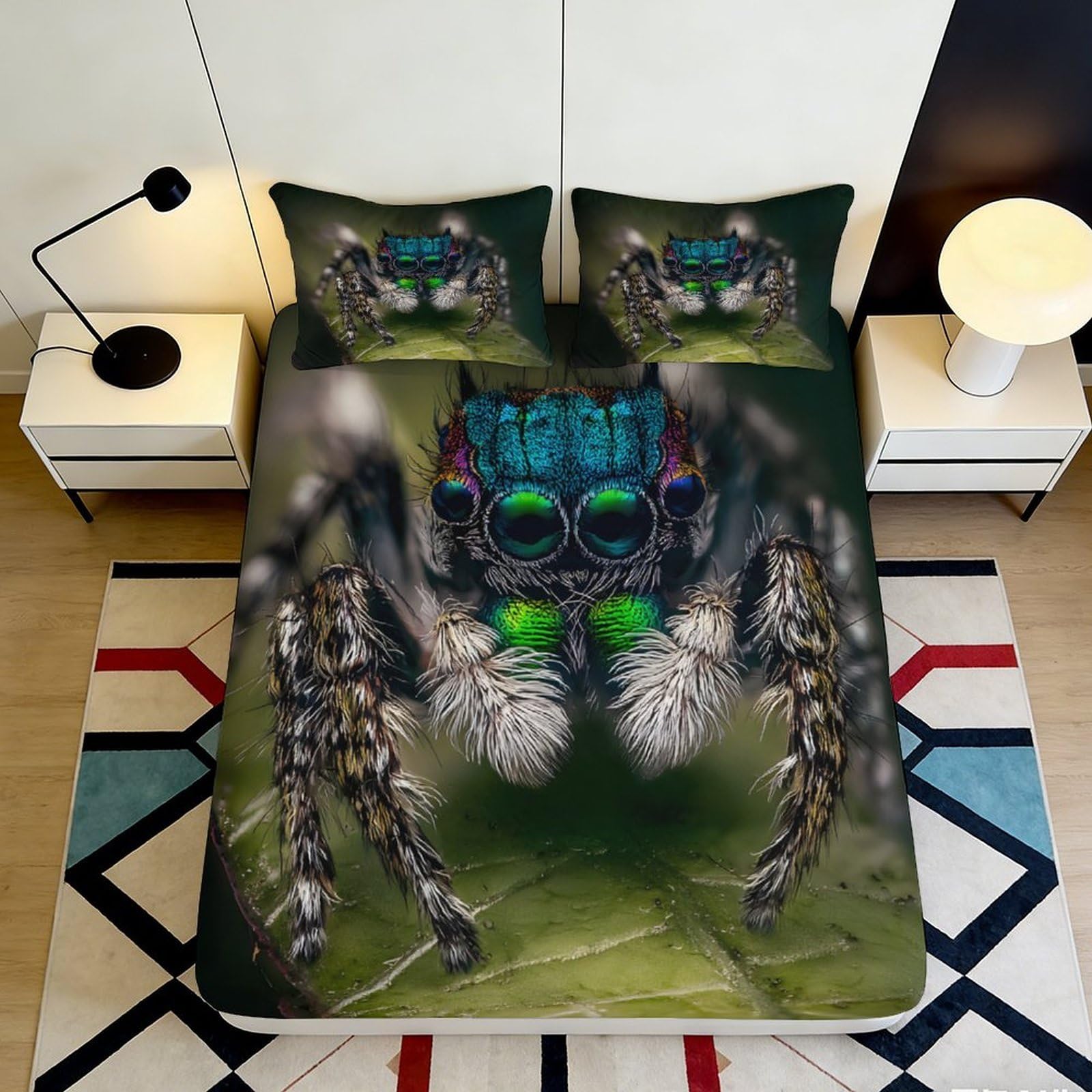 Decorative 3D Printed spider Fitted Sheet, dark green Microfiber soft touch, wrinkle resistant, apartment bedding, anti-slip, dustproof, machine washable, bedroom accent 90x200x25cm