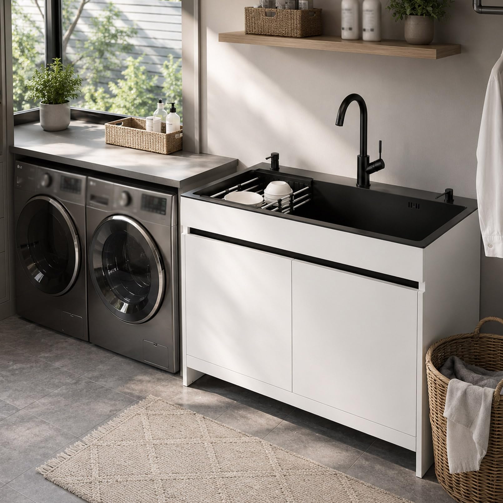 Mueble Fregadero un Seno para Exterior y Jardín Fregadero Freistehend de Acero Inox Negro Cepillado con Grifo de Agua Fría y Caliente, Estructura de Aluminio Alveolar para Garaje, Taller o Patio