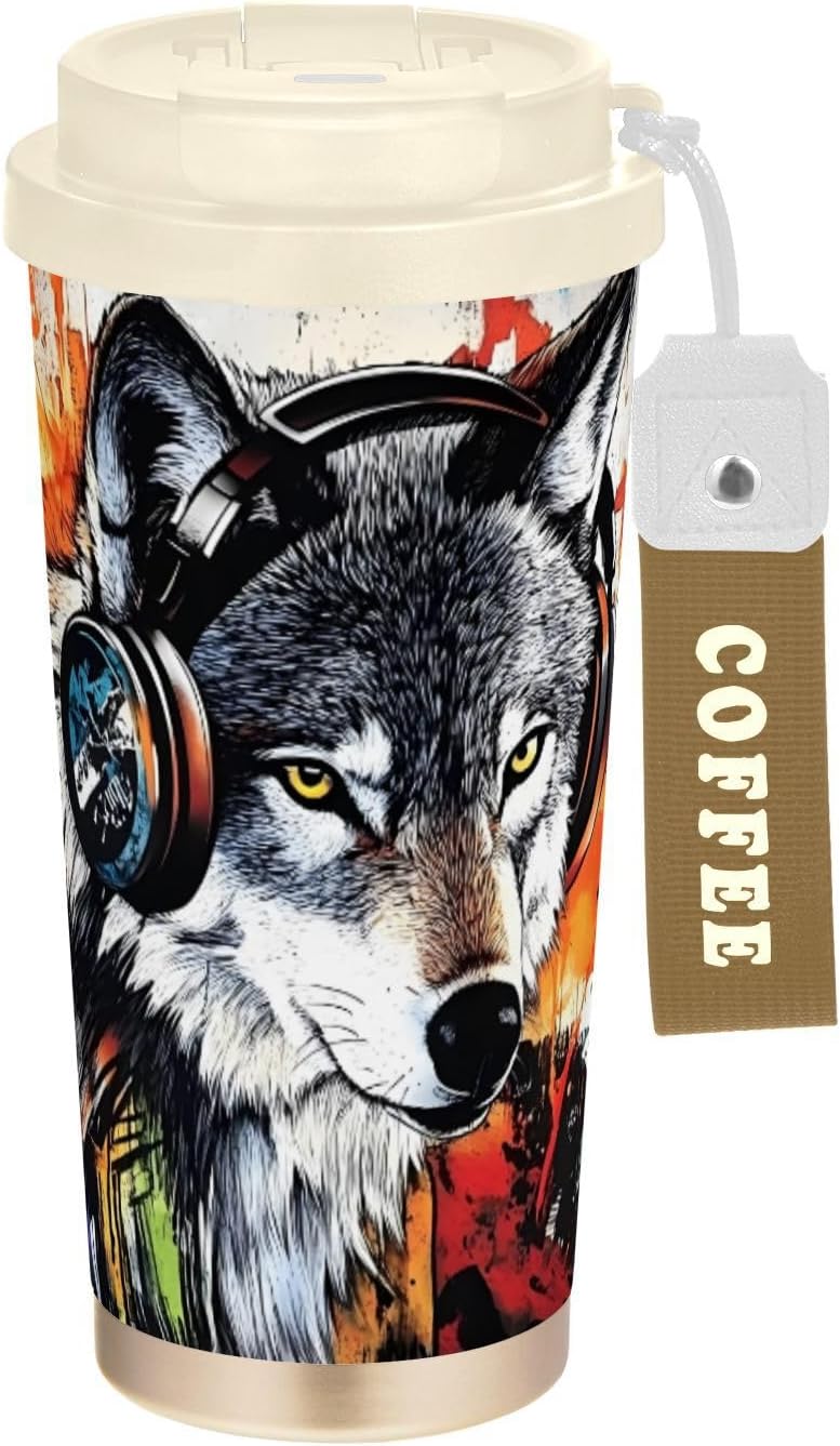 Wolf Headphone Colors Insulated Coffee Mug with Straw & Flip Lid, 16.9oz Iced Tumbler Cup, Double Wall Vacuum Mug for Travel Office