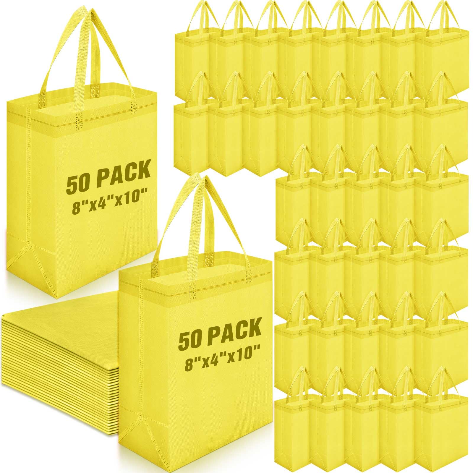 Windyun 50 Pcs Reusable Tote Bag Bulk 8 x 4 x 10 Inch Non Woven Shopping Bag with Handle Christmas Reusable Grocery Gift Tote (Light Yellow)