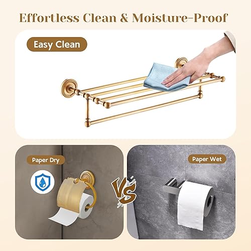 Miniatura 9 de Juego de accesorios de baño de oro antiguo de 7 piezas con toallero y soporte para papel higiénico, organizador de cobre montado en la pared para