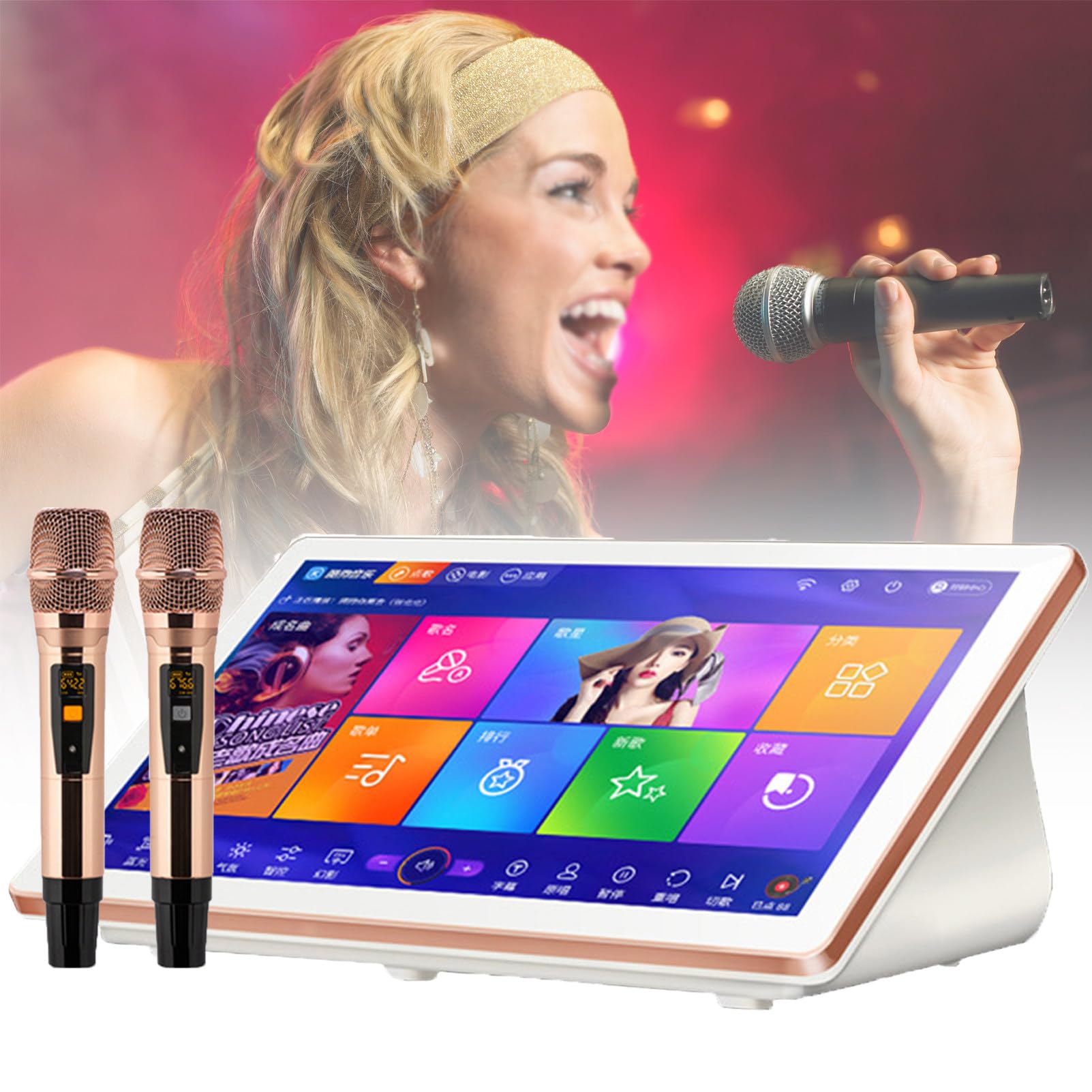 Karaoke portátil, Reproductor Todo en uno, Pantalla táctil de 18,5 Pulgadas con Letras, sintonización DSP Profesional, Ideal para Fiestas en casa, Color Blanco, 3 TB.