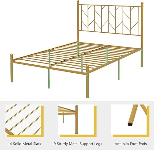 Miniatura 16 de Giantex Base de cama de metal negro con cabecera de estilo victoriano, base de cama de plataforma de 12.5 pulgadas con soporte de 14 listones de