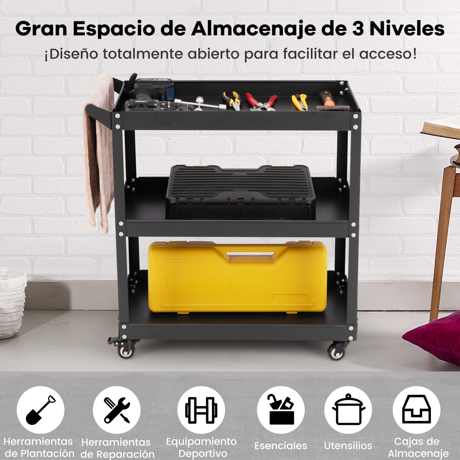 GYMAX Carro de Herramientas con 3 Niveles, Carro de Taller con Estantes de Almacenamiento, Asa y 4 Ruedas, 2 Bloqueables, Carga 120 kg, Carrinho Ferrramentas para Garaje Mecánico Hogar (Negro)