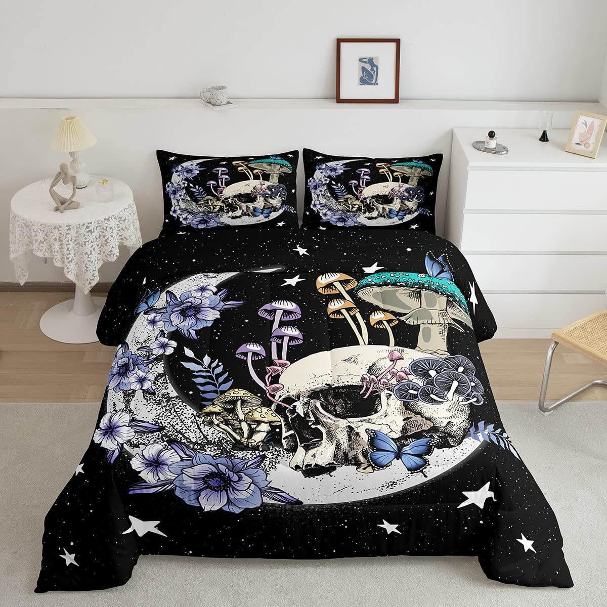 Bohemian Moth & Skull Comforter Set Queen - Black White Gothic Bedding, 3D Print Duvet Cover & Pillowcases - View #3