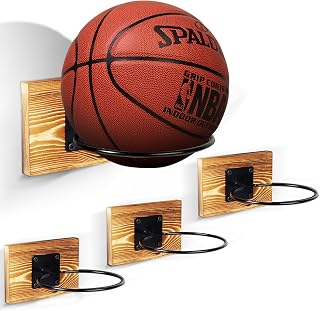 Basketball Holder Wall Mount -Premium 4 Sets Basketball Rack Wall with Wooden Board & Screw Package, Football Holders for Display Volleyball Storage, for Rugby Soccer, Sports Decor for Home Bedroom