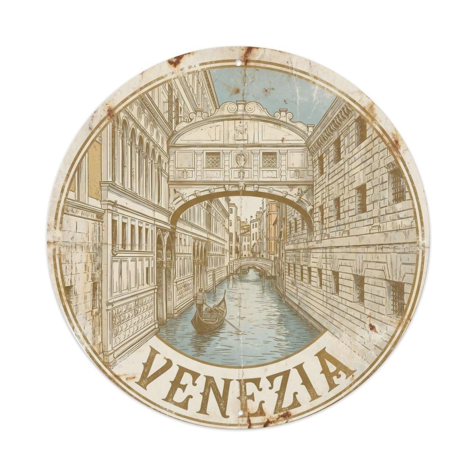 Venice Waterway Bridge Gondola Retro Travel Heritage Italy Metal Tin Sign Plaque Wall Decor for Cafe, Man Cave, Club Bar, Office, Home Garden Round Metal Poster 8x8Inch