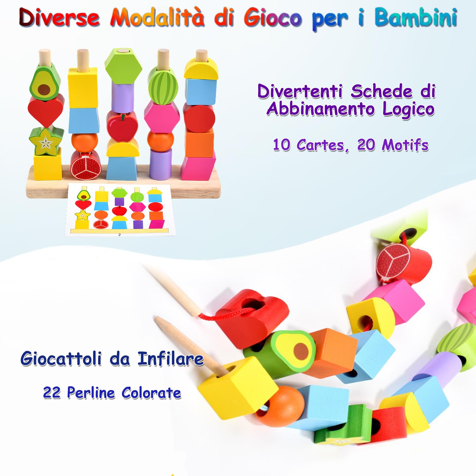 Echehi 2 in 1 Giocattoli Montessori da Infilare per Bambini, Perline da Infilare, Forme da Abbinare, Sviluppo delle Capacità Motorie Fini, Blocchi in Legno da Impilare
