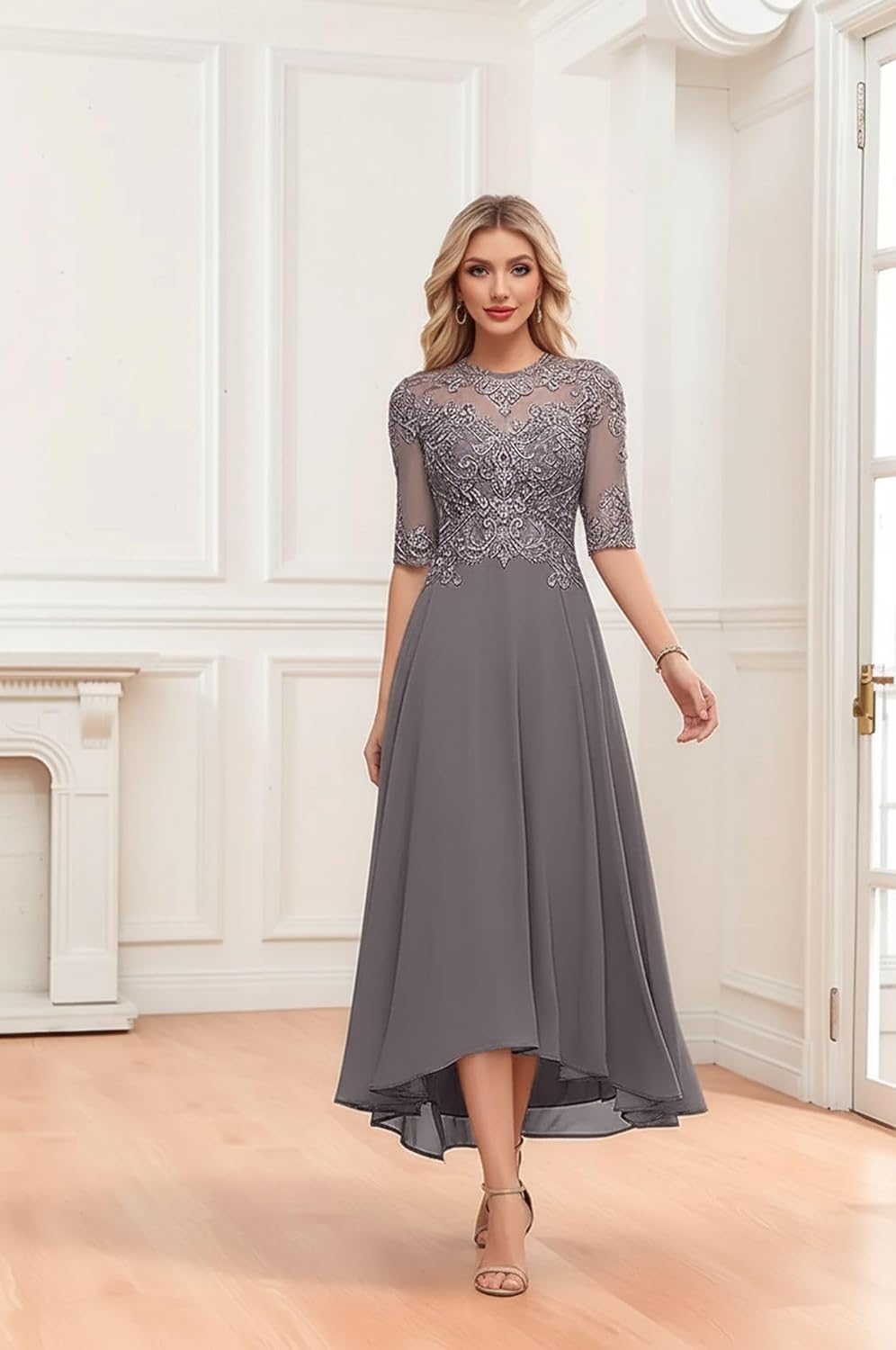 Lace Applique Tea Length Mother of The Bride Dress 3/4 Sleeves A line Chiffon Formal Evening Gowns for Women