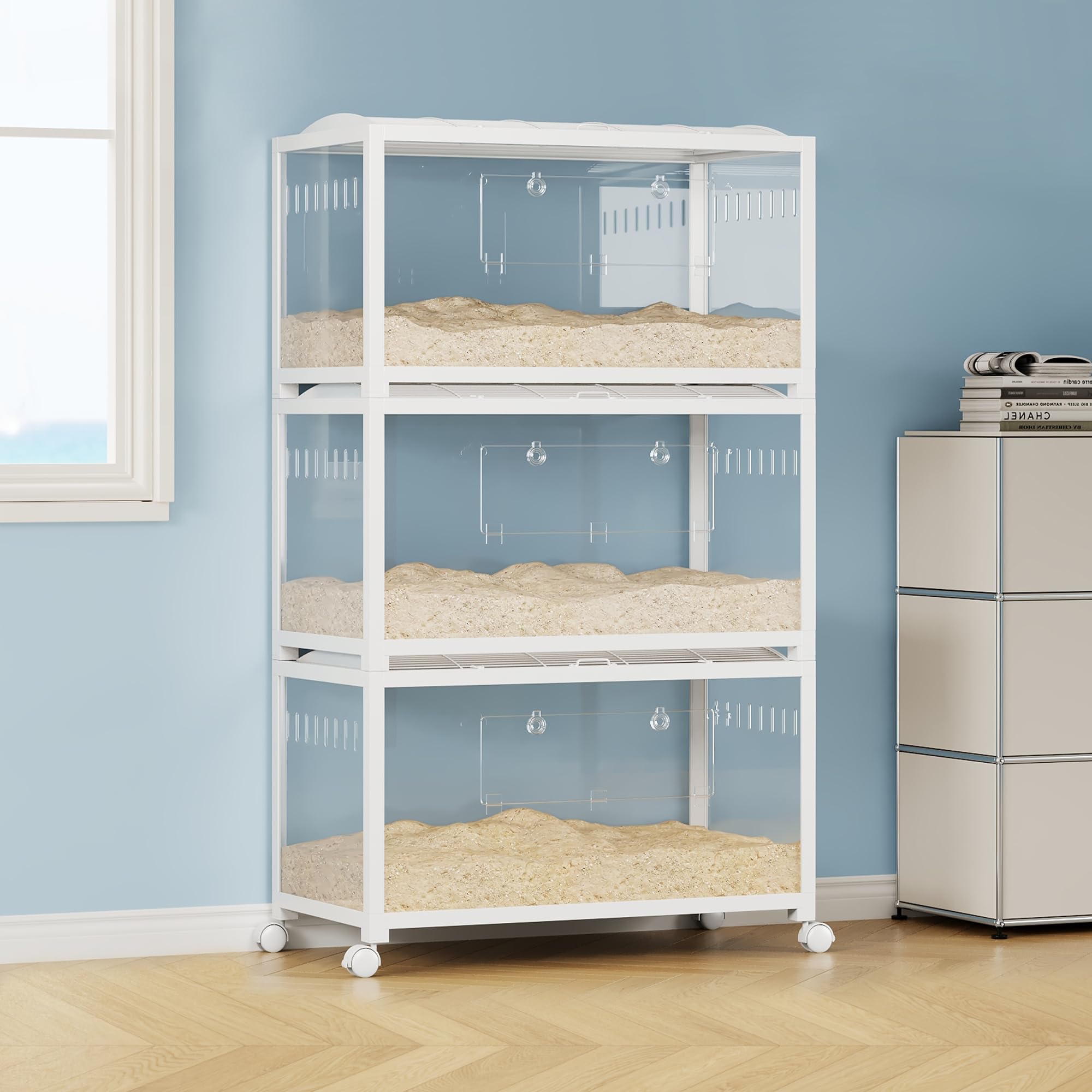 Gabbia per criceti, 96 x 47 x 50 cm, gabbia in metallo con porta d'ingresso, 96 x 47 x 50 cm, habitat roditori trasparente di vista panoramica a 360°, per criceto siriano nano