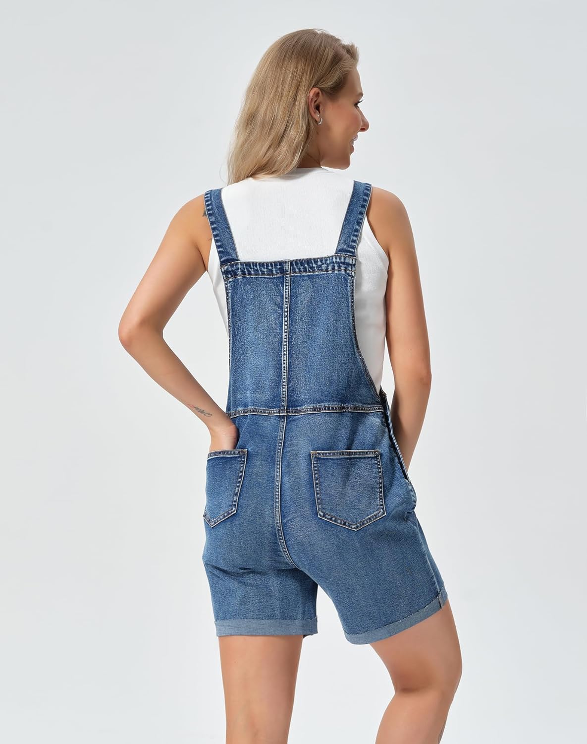 roswear Denim Overall Shorts for Women Stretchy Jumpsuits with Adjustable Strap Cuffed Hem - Image 3