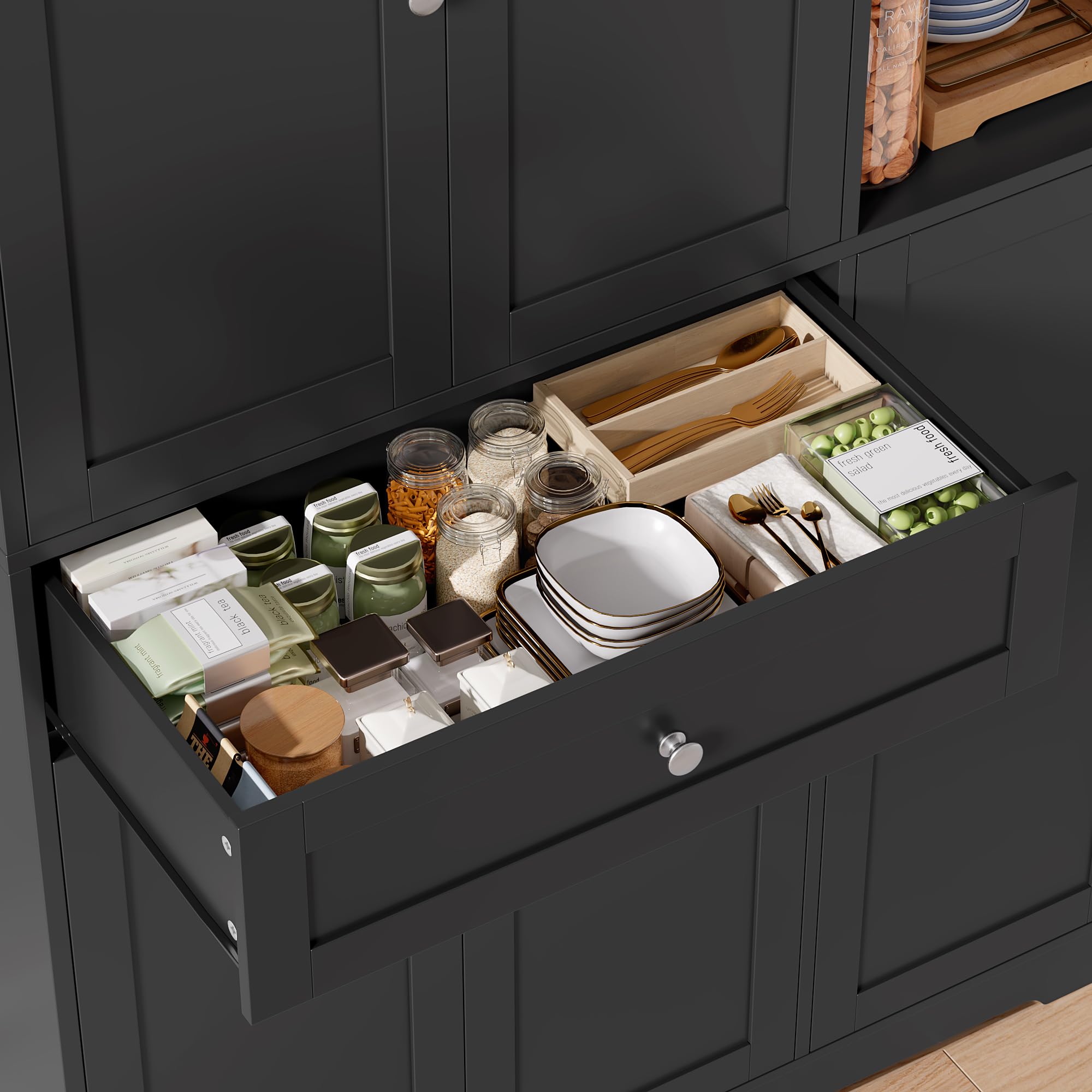 FirFurd Küchenschrank mit Gewürzregal Mehrzweckschrank Vorratsschrank Buffetschrank mit 5 Türen und 1 Schublade Küchenmöbel Hochschrank für Küche Wohnzimmer Flur 173x104x40cm schwarz