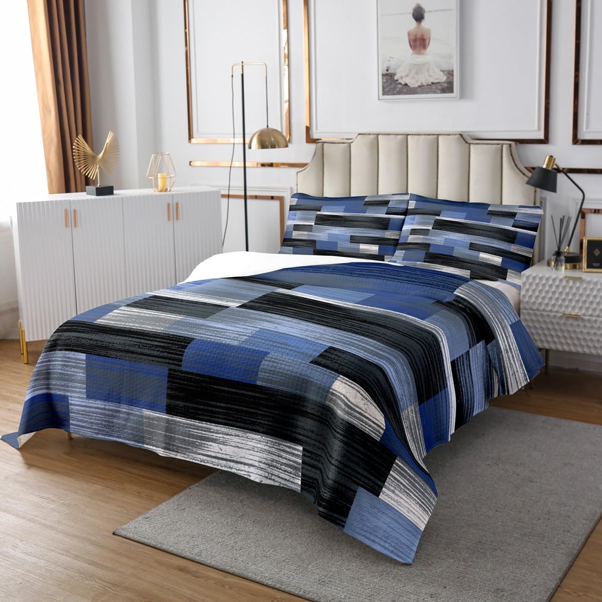 Geometric Plaid Coverlet Set,Blue Black Patchwork Quilt Set Queen Size for Kids Teens Adults,Wooden Plank Bedspread Set,Modern Fashion Bed Cover Bedroom Decor
