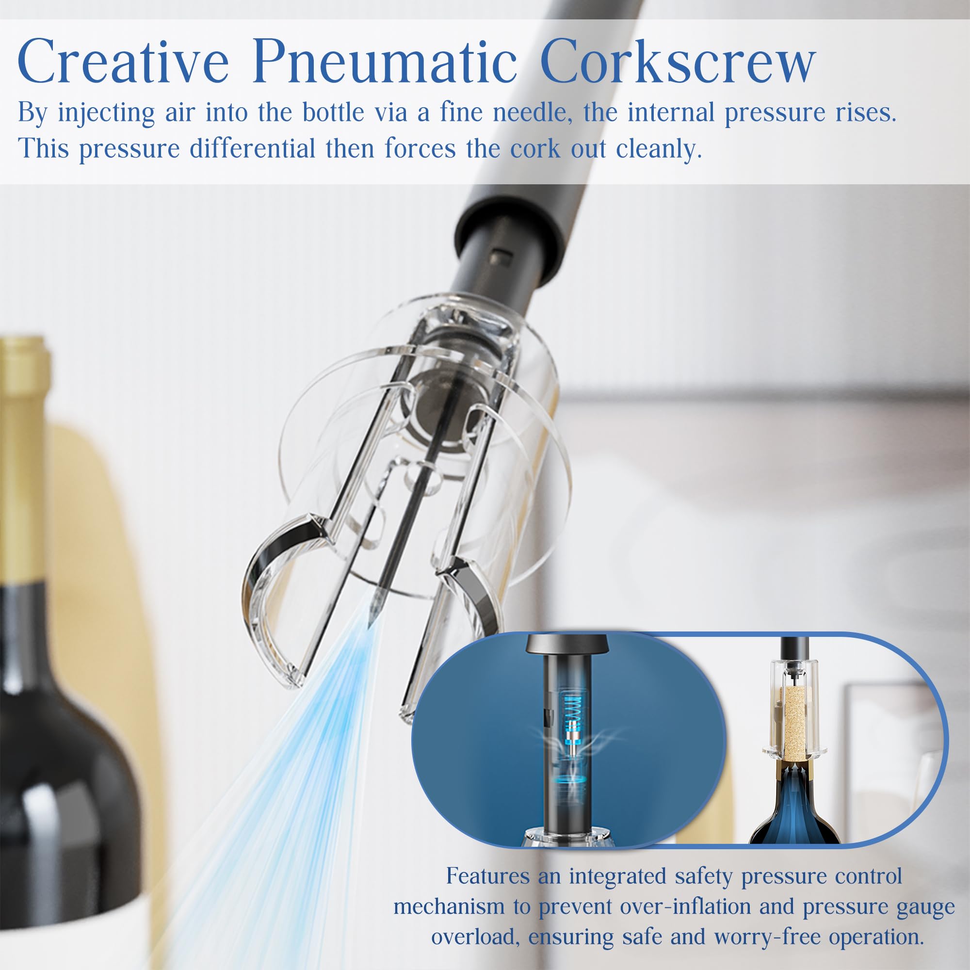 Set de Sacacorchos de Aire a Presión, Incluye Corta Cápsulas, Bomba Vacio Tapon, Vertedor y Base, Abridor de Vino Profesional Funcional, Regalo Ideal para los Amantes del Vino Navidad