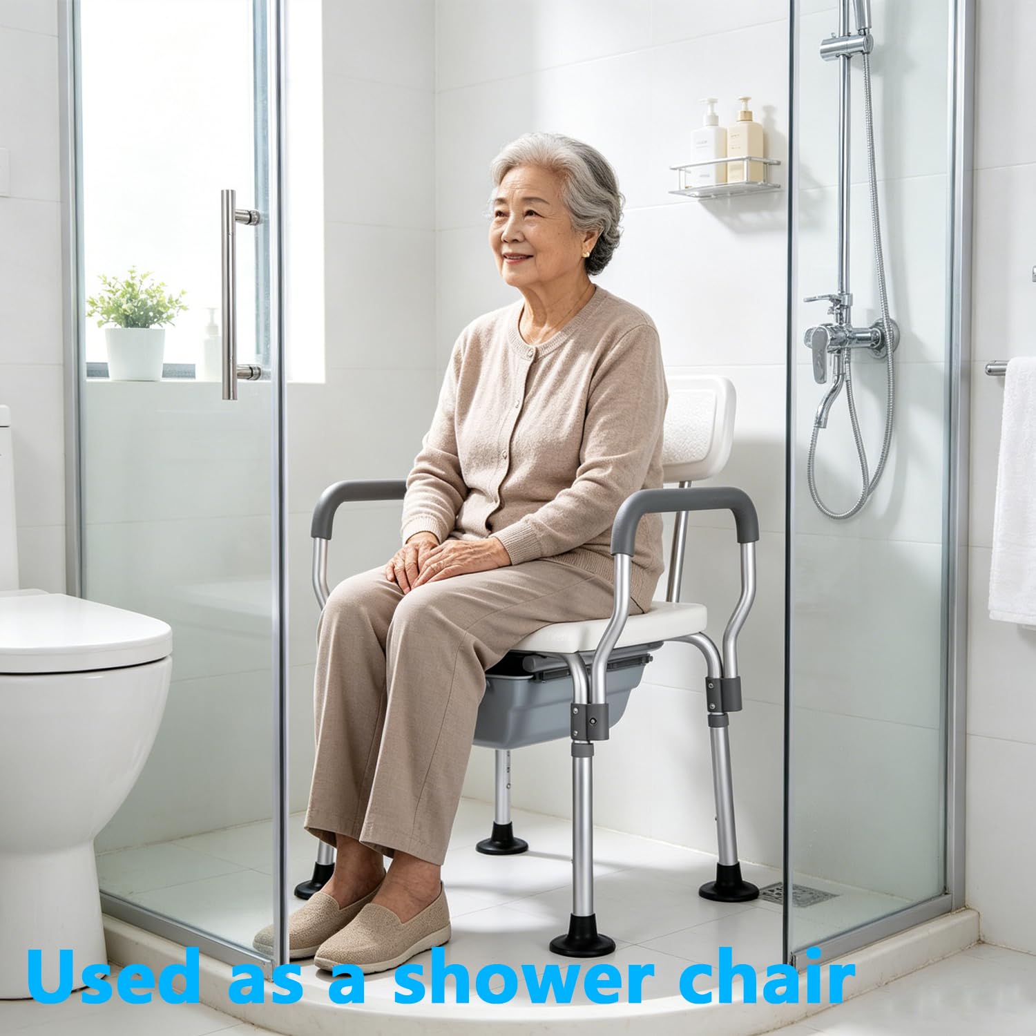 Silla de ducha 4 en 1, silla de ducha ajustable en altura con reposabrazos, cubo extraíble con marco de aluminio resistente, asiento de inodoro portátil para personas mayores, adultos discapacitados
