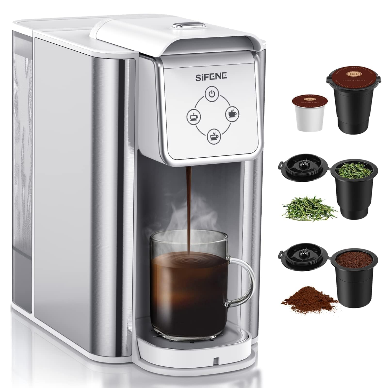 SIFENE Single Serve Coffee Machine, 3 in 1 Pod Coffee Maker For K-Cup Capsule, Ground Coffee Brewer, Leaf Tea Maker, 6 to 10 Ounce Cup, Removable 50 Oz Water Reservoir, White