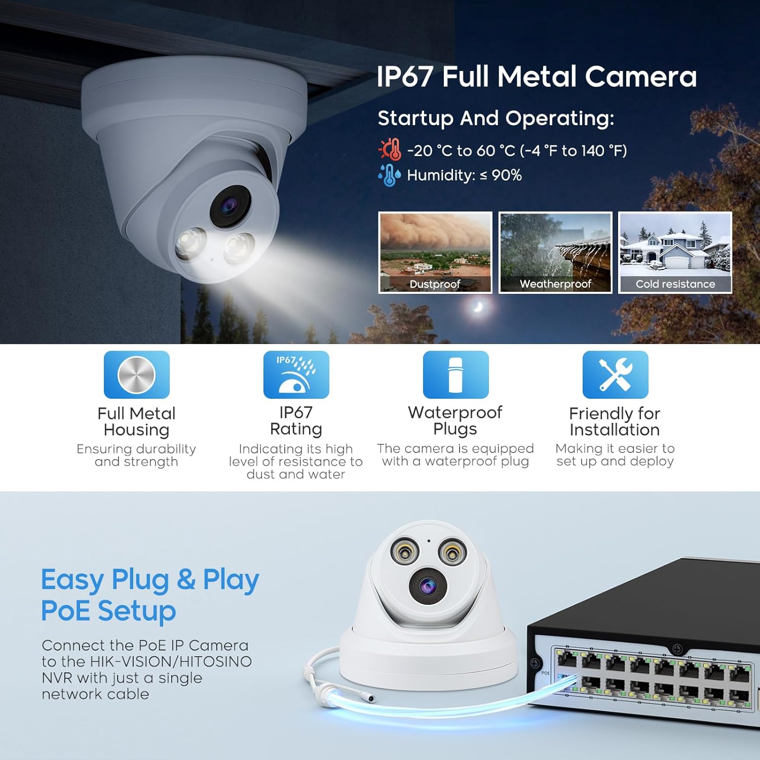 5MP Full Color PoE IP Camera, 2.8mm Lens 118° Wide Angle, F1.0 Aperture, 98.4ft Full Color Night Vision, Human/Vehicle Detection, Built-in Mic, Metal Housing, IP67 Weatherproof, Works with HKV