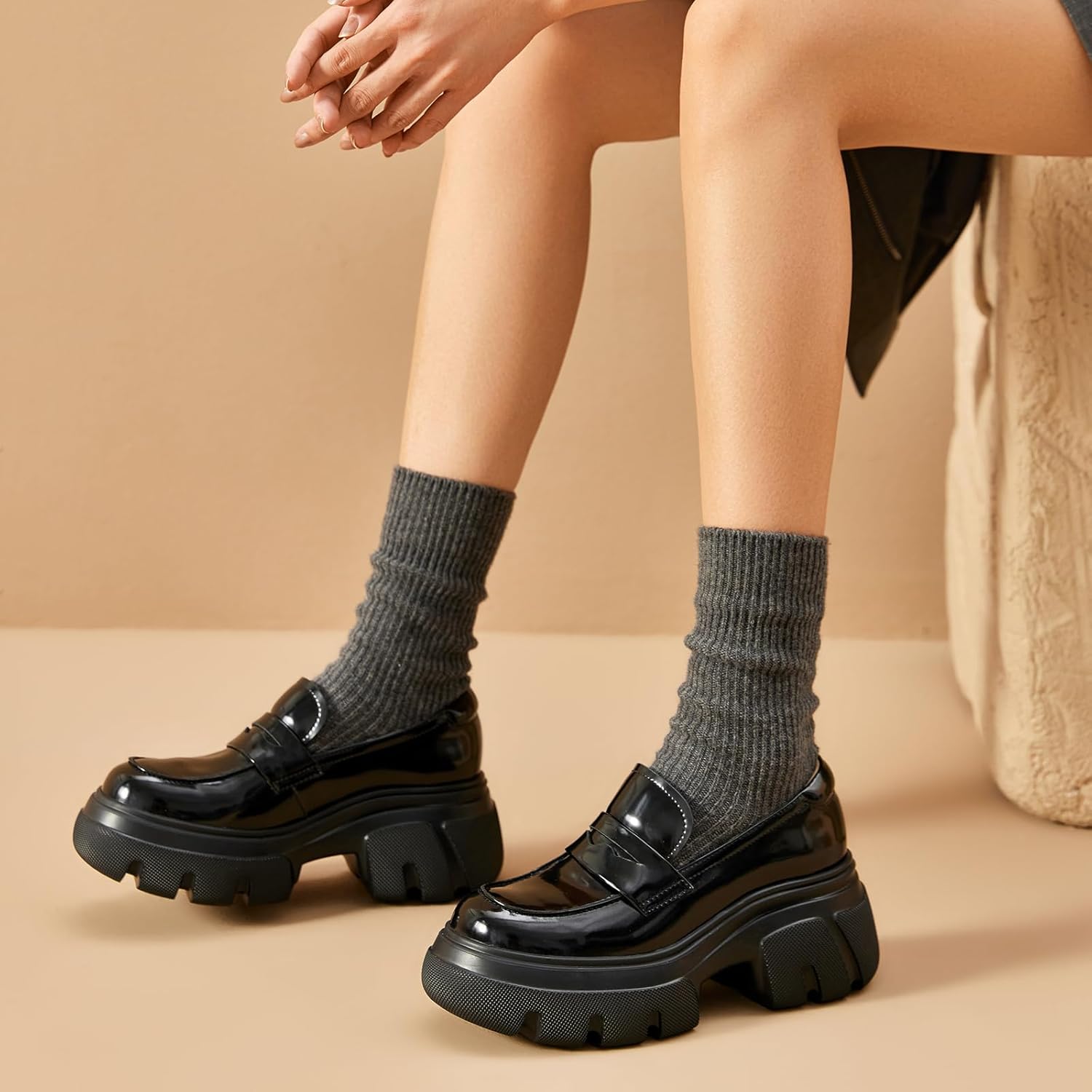 BEAU TODAY Platform Penny Loafers for Women, Women’s Leather Chunky Heel Slip-on Loafers, Non-Slip Design, Comfortable Business Casual Round Toe Loafer Shoes - Image 2