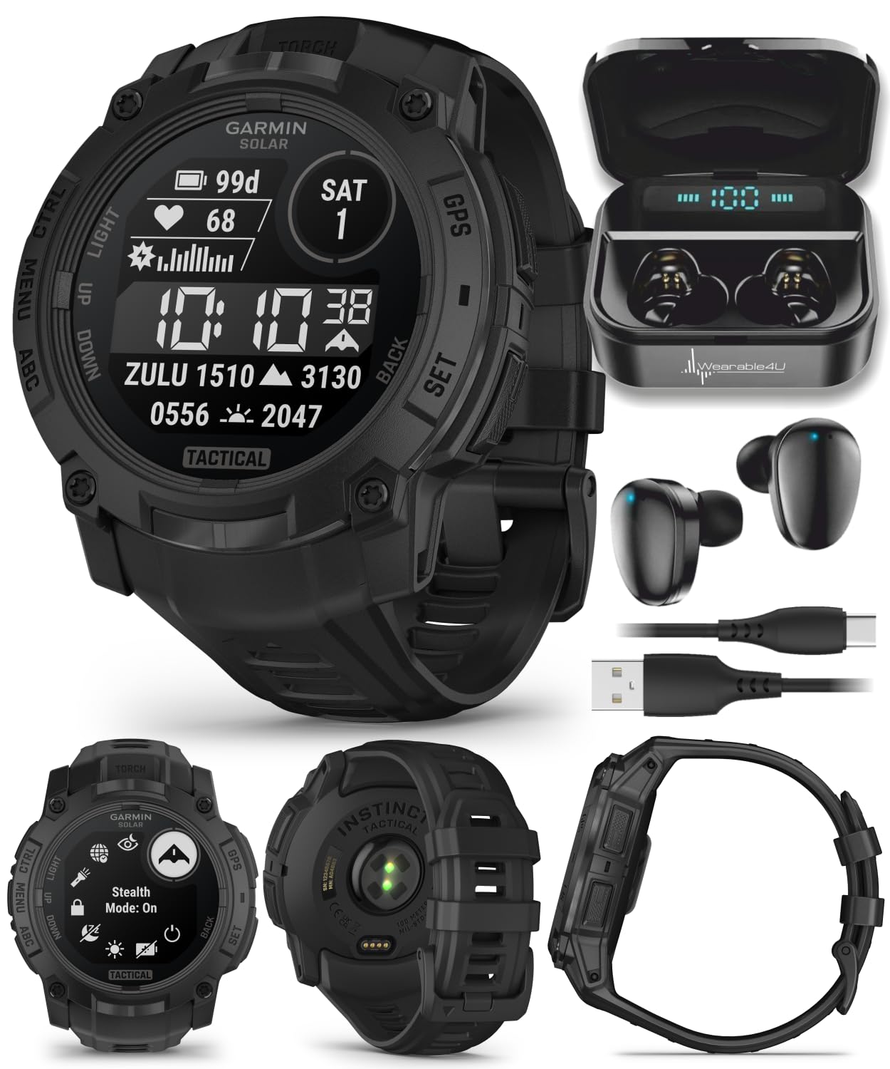 Wearable4U Garmin Instinct 3 Tactical Edition, Solar Charging Display, 50mm, Rugged Outdoor GPS Smartwatch, Applied Ballistics Support, LED Flashlight