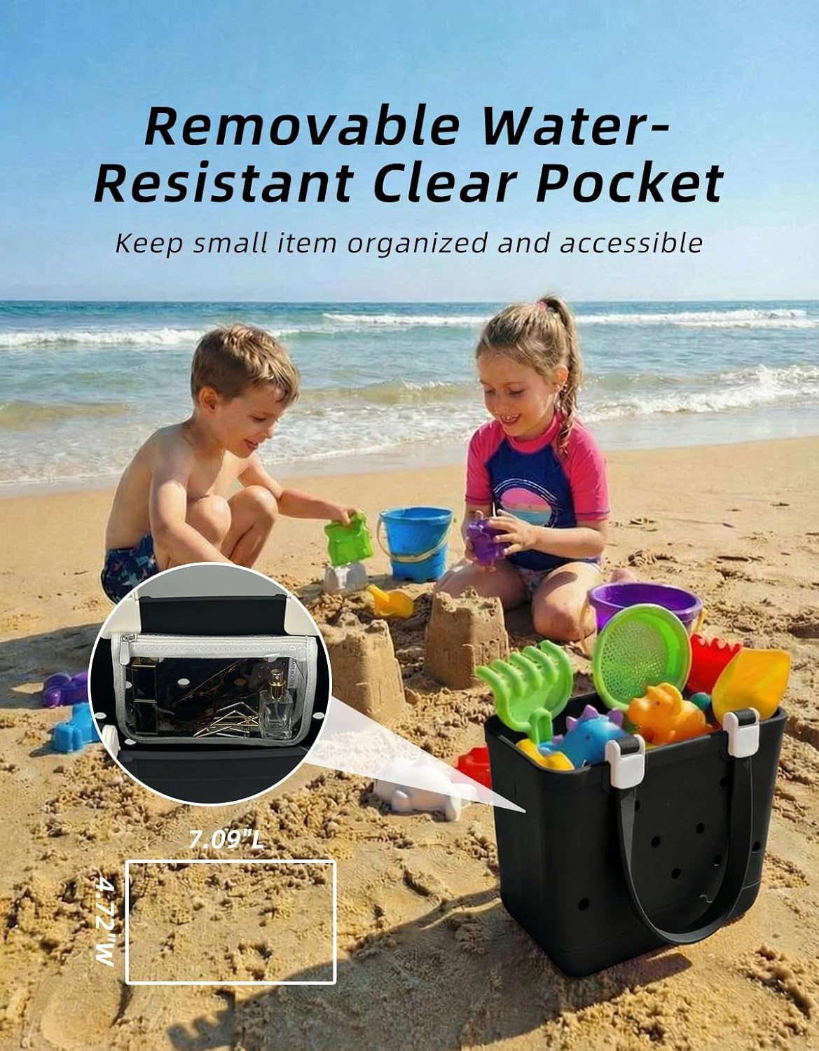 Small Tote Bag - Sandproof Rubber Tote with Waterproof Pocket for Lunch & Essentials - 11.81" L x 5.51" W x 8.07" H